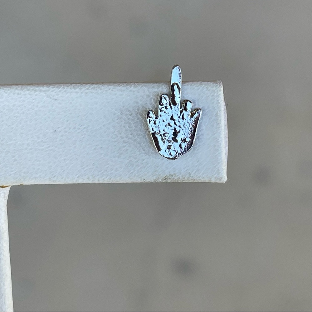 Silver middle finger f*ck you stud earrings - Picture 5 of 6